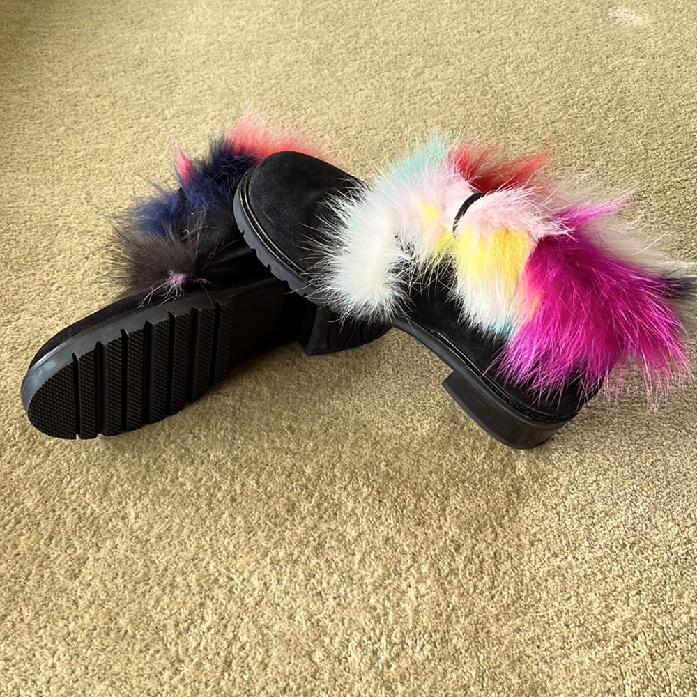 Stuart Weitzman lug sole, fur-lined, multi colored fur winter booties.
